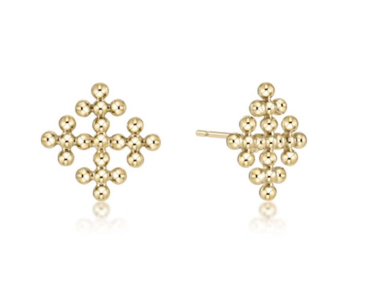 Classic Beaded Signature Cross Encompass Gold Stud