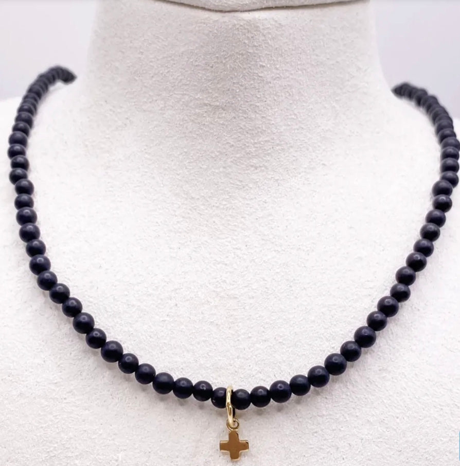 15" Choker Gemstone 3mm - Matte Onyx - Signature Cross Small Gold Charm