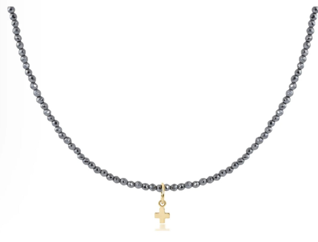 15" Choker Gemstone 3mm - Botswana Agate- Signature Cross Small Gold Charm