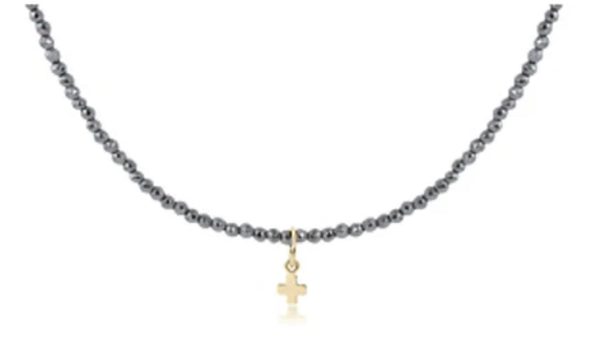 15" Choker Gemstone 2mm - Faceted Hematite - signature cross small gold charm