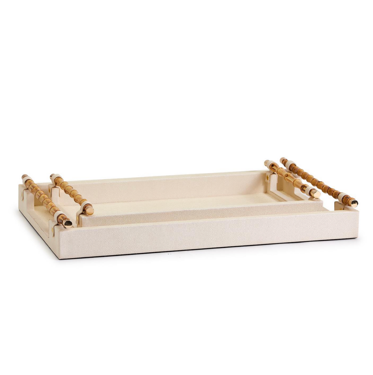 Cream Decorative Rectangle Tray w Bamboo Handles